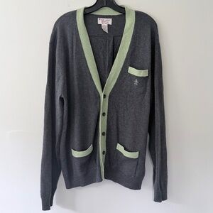 Original Penguin Mens Cardigan Grey Pistachio Pockets Button Front Merino Wool